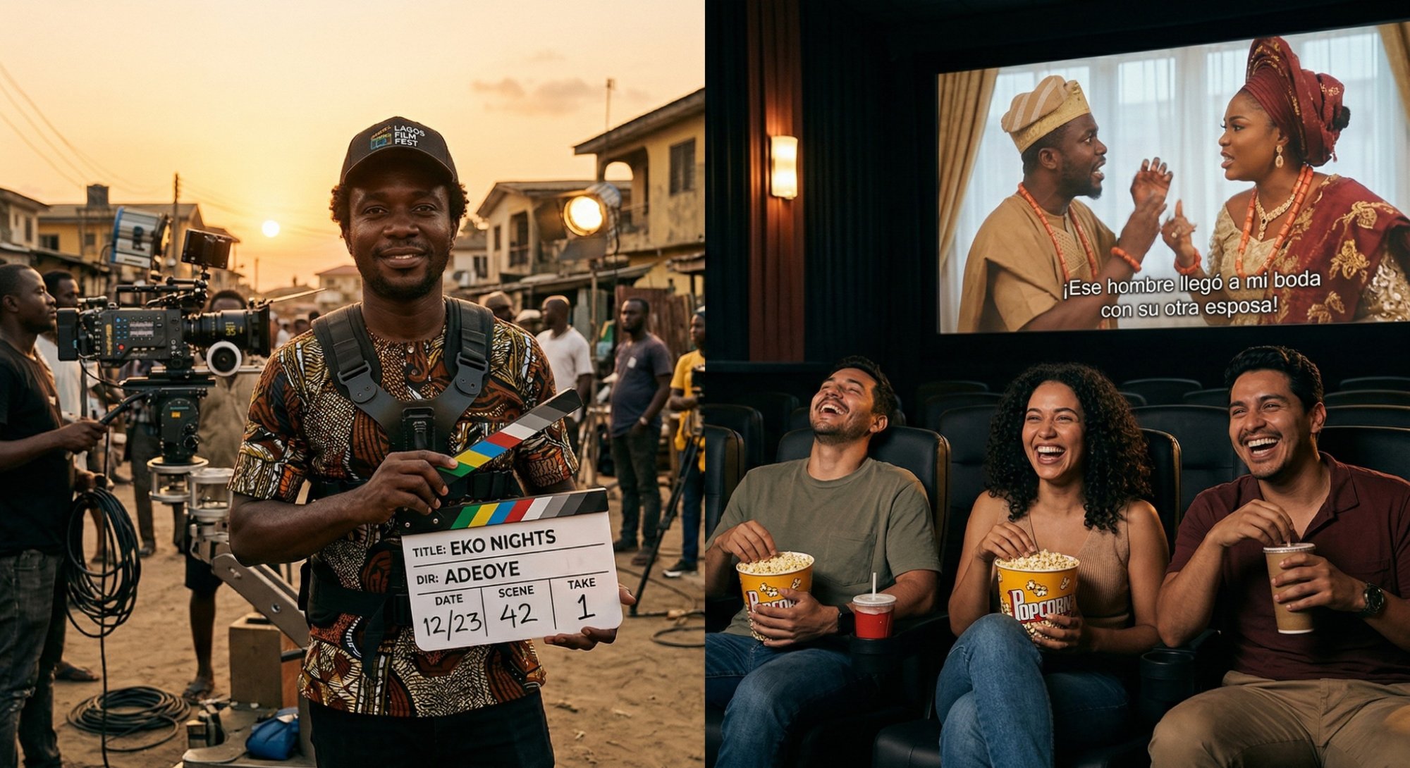 African filmmaker on set and Latino audience watching Nollywood film with Spanish subtitles