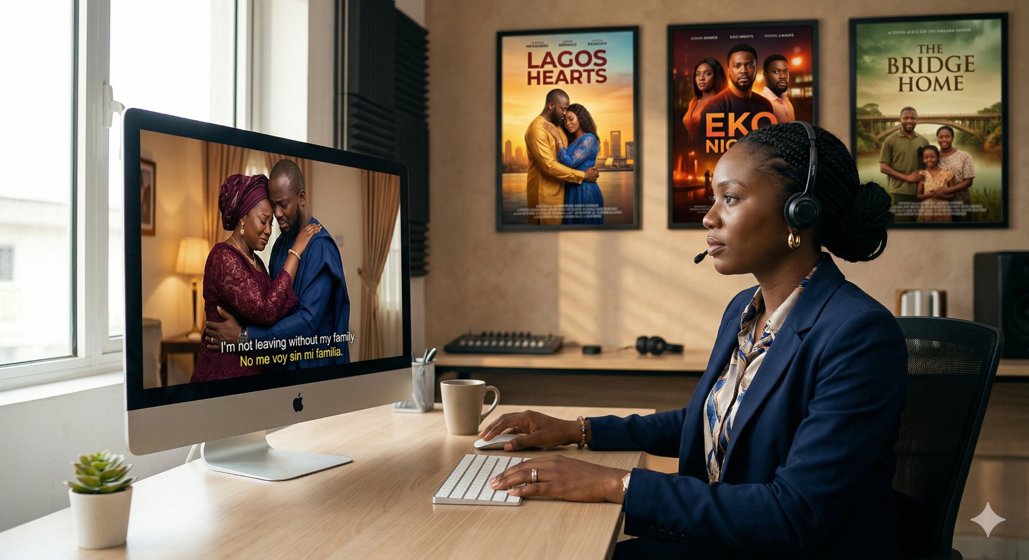 LCOM translator at work with Nollywood film posters and Spanish subtitles on screen